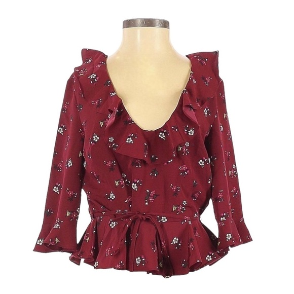🌺 TopShop Burgundy Ditsy Floral Print Ruffle Front Pirate Blouse Size 2 - Picture 1 of 10